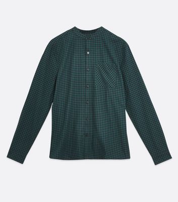 Image of Dark Green Check Grandad Collar Shirt New Look