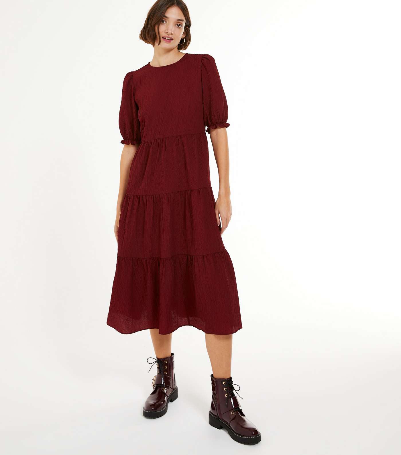 Burgundy Puff Sleeve Smock Midi Dress  Image 2