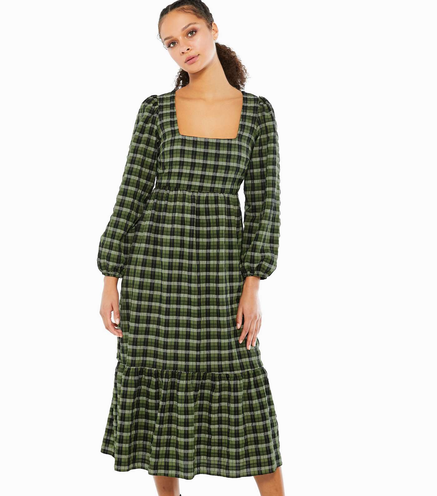 Green Check Square Neck Smock Midi Dress  Image 2