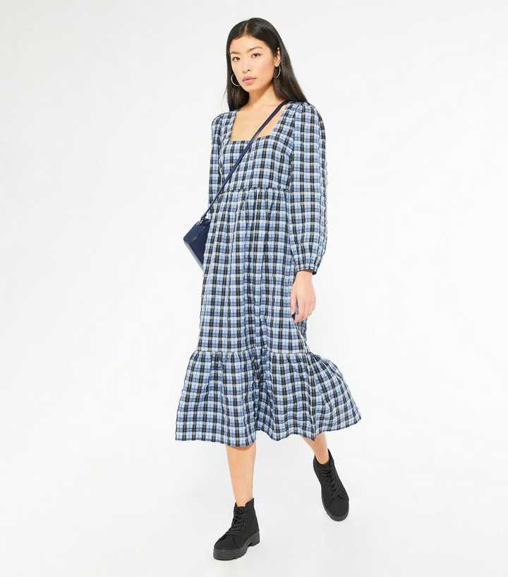 Blue Check Square Neck Smock Midi Dress 