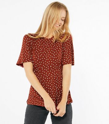 Image of Brown Spot Flutter Sleeve Peplum Top New Look