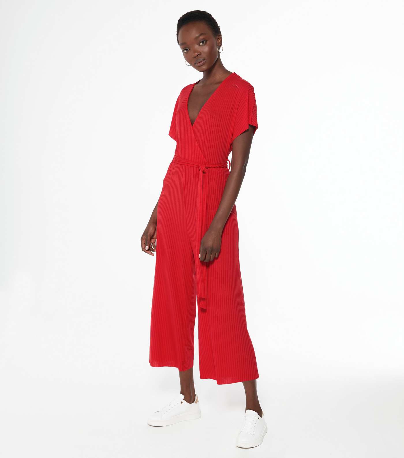 Red Ribbed Belted Wrap Jumpsuit 