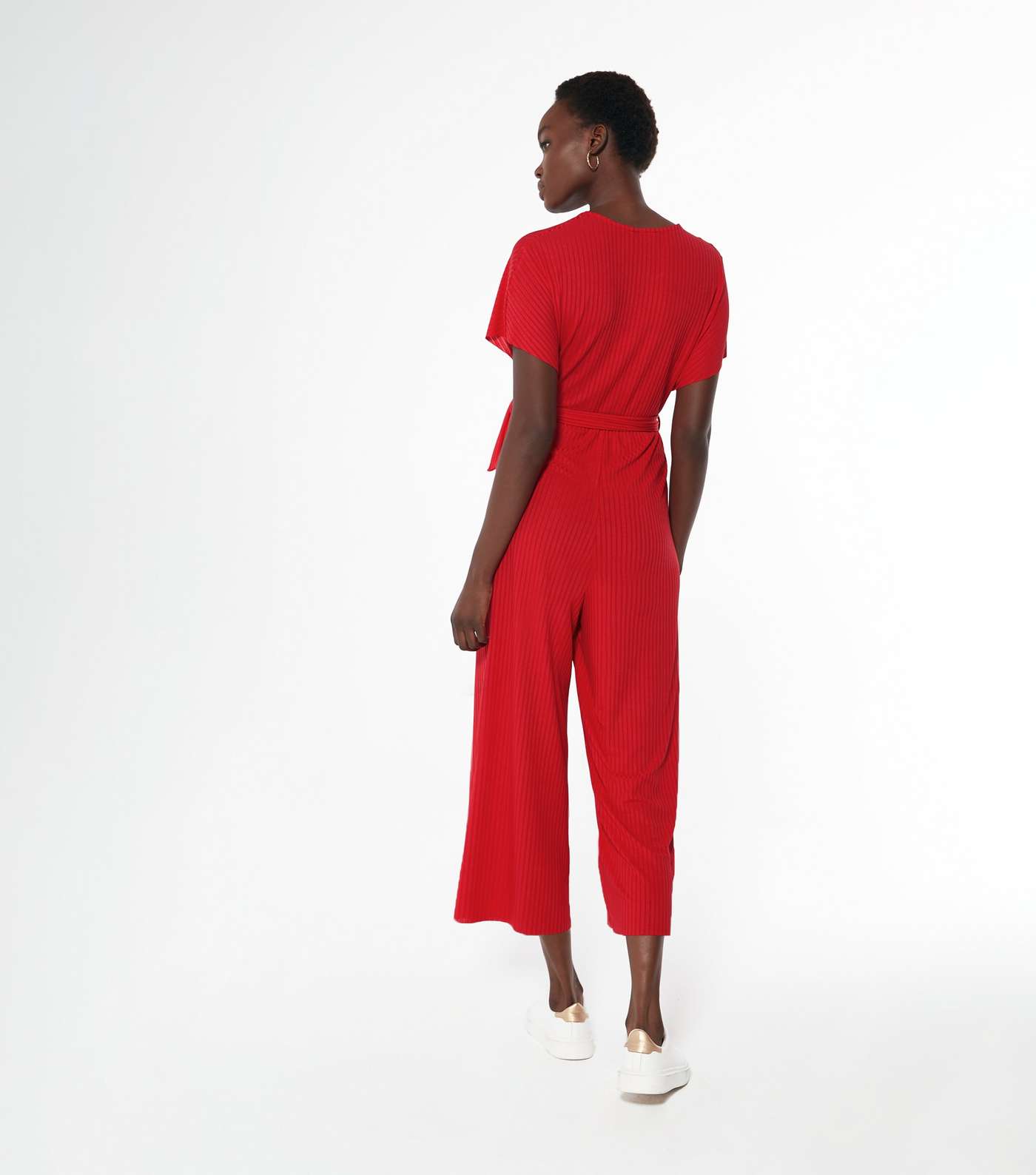 Red Ribbed Belted Wrap Jumpsuit  Image 3