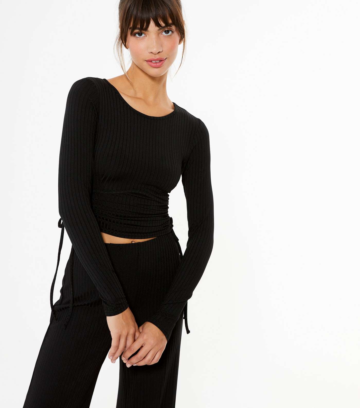 Black Ruched Tie Side Ribbed Top