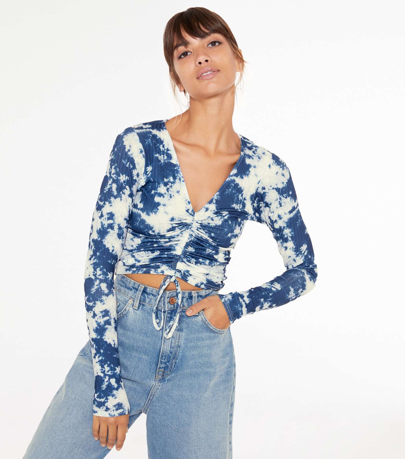 Blue Tie Dye Ribbed Ruched Front Top 