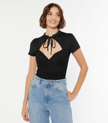 Black Mesh Tie Neck Cut Out T-Shirt 