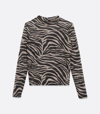 Image of Brown Zebra Print Mesh High Neck Top New Look