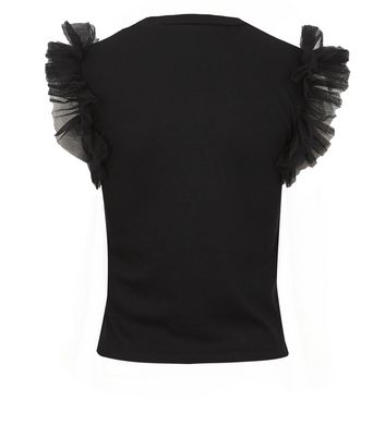 Image of Black Ribbed Frill Mesh Sleeve Top New Look