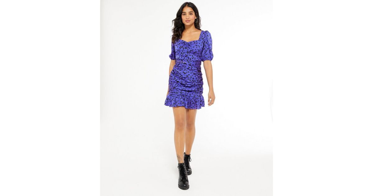 Blue Satin Animal Print Ruched Mini Dress | New Look