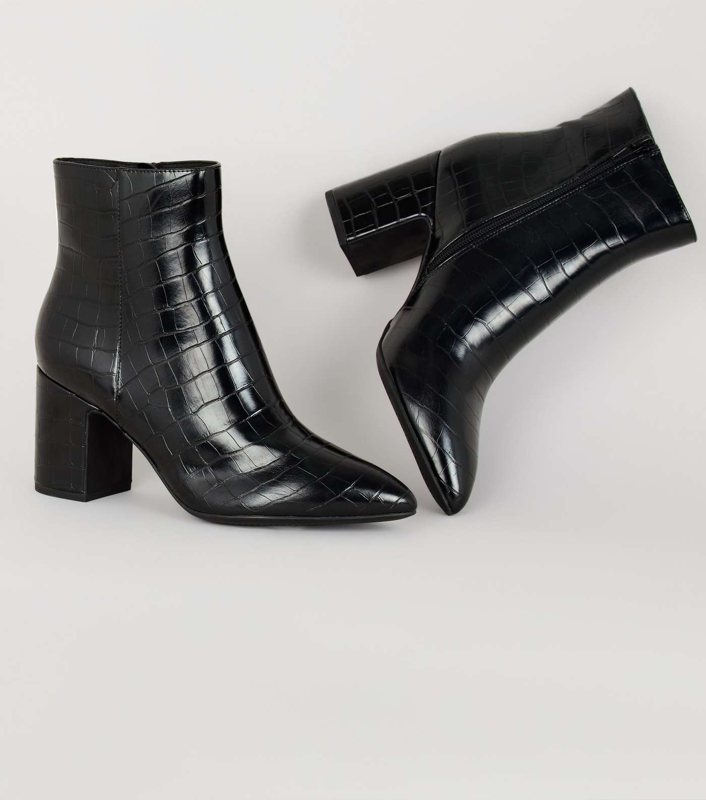 Black Faux Croc Heeled Ankle Boots Image 3