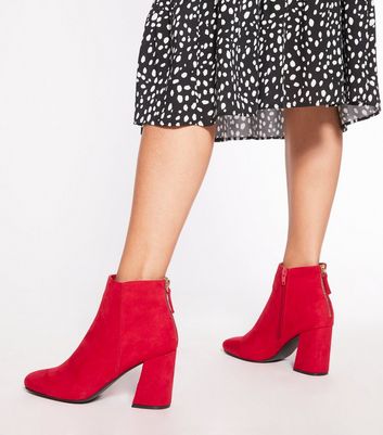 Red Suedette Square Toe Ankle Boots 