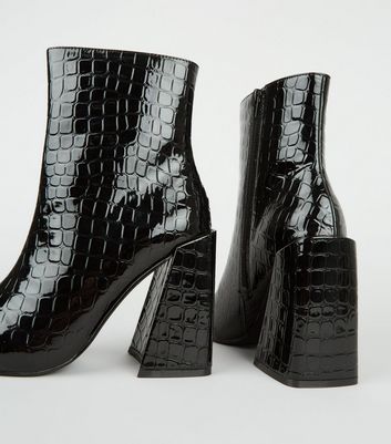 Image of Black Faux Croc Flared Block Heel Boots New Look Vegan