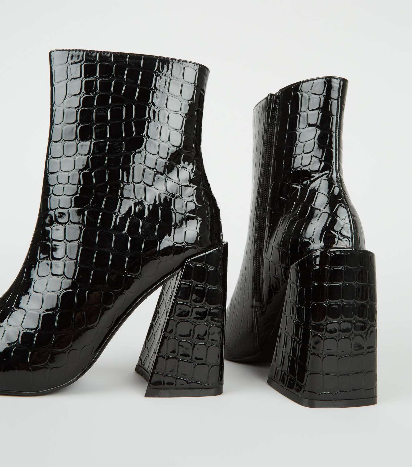 Black Faux Croc Flared Block Heel Boots Image 3