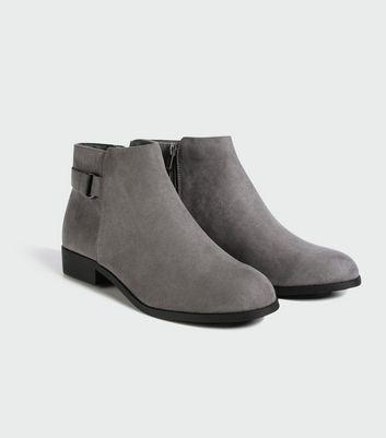 Wide Fit Grey Suedette Flat Ankle Boots 
