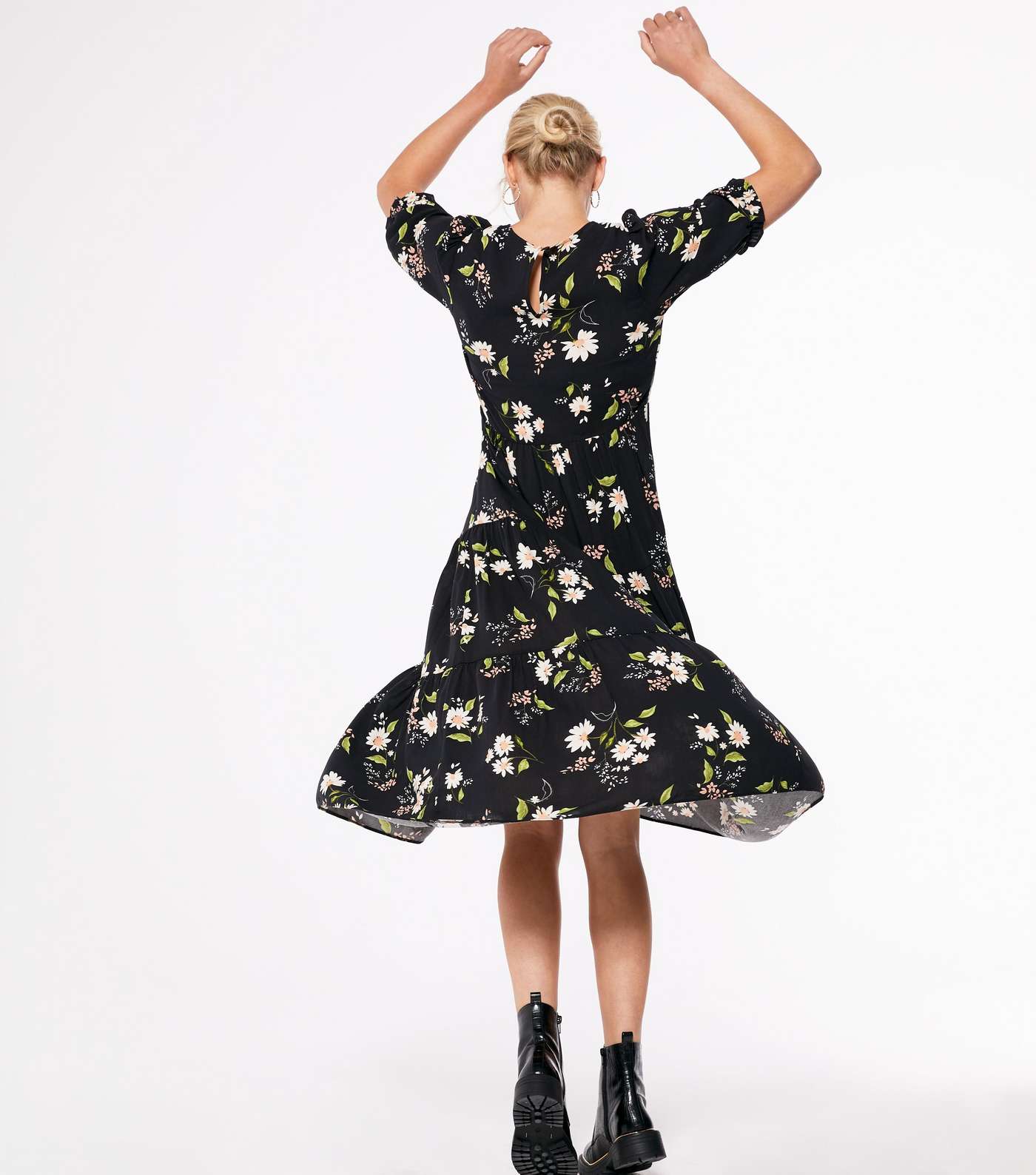 Black Floral Puff Sleeve Tiered Midi Dress Image 3