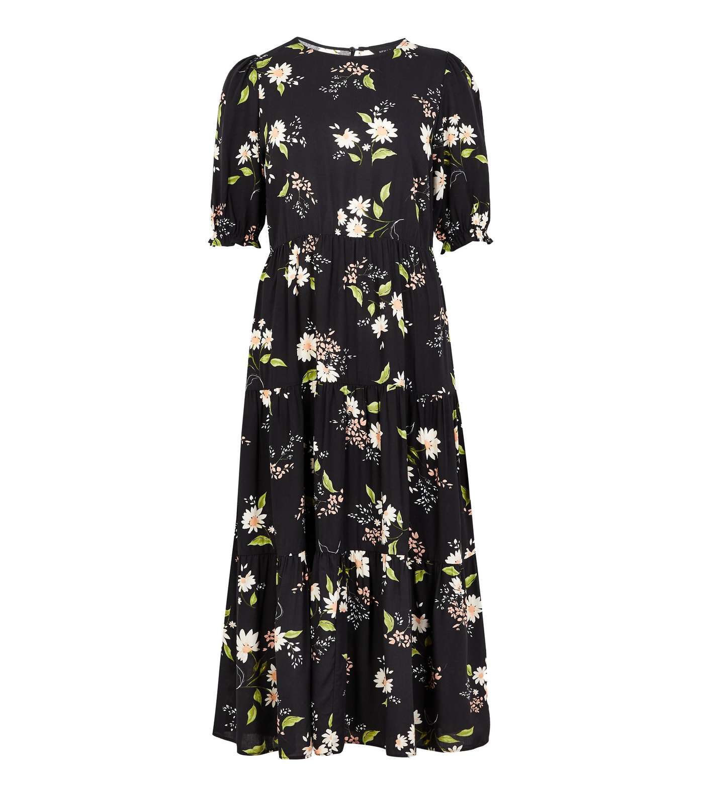Black Floral Puff Sleeve Tiered Midi Dress Image 5