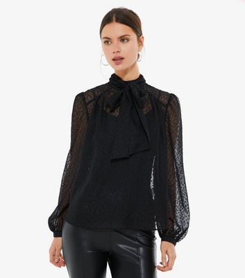 Black Chiffon Spot Tie Neck Blouse | New Look