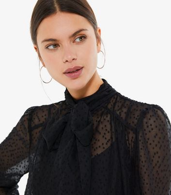 Black Chiffon Spot Tie Neck Blouse 