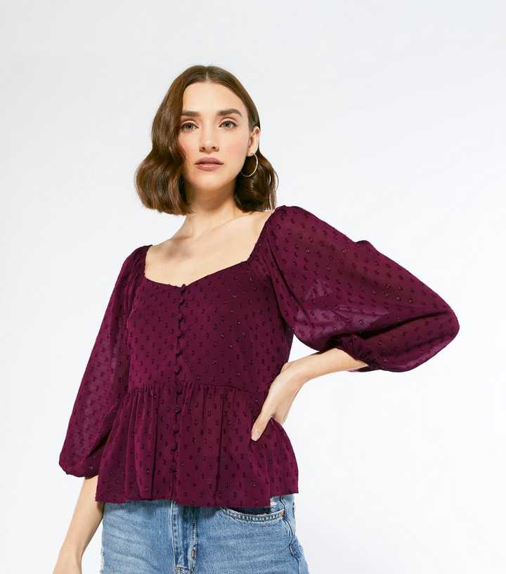 Burgundy Chiffon Spot Button Front Peplum Blouse 