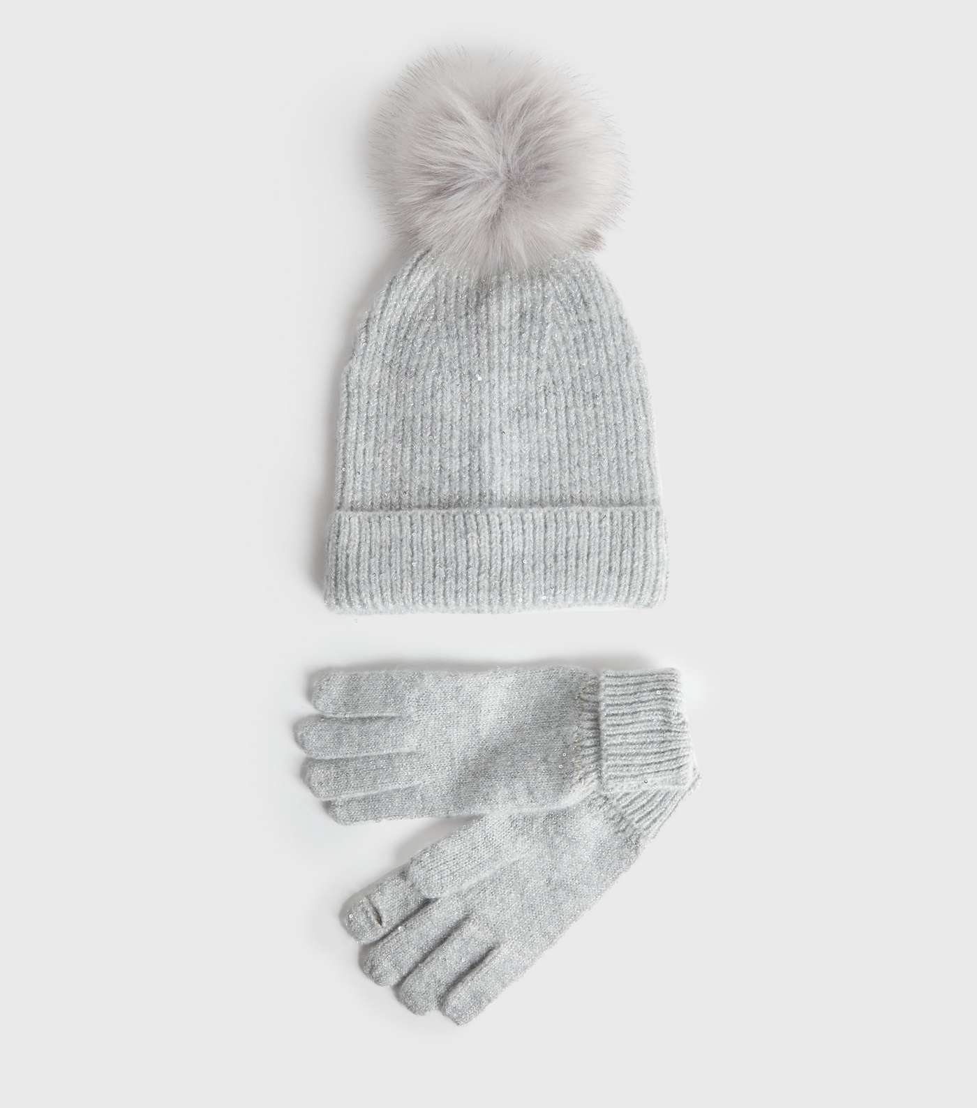 Grey Metallic Faux Fur Bobble Hat and Gloves Set