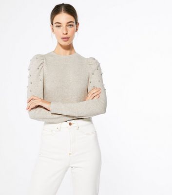 Cream Embellished Puff Sleeve Jumper New Look