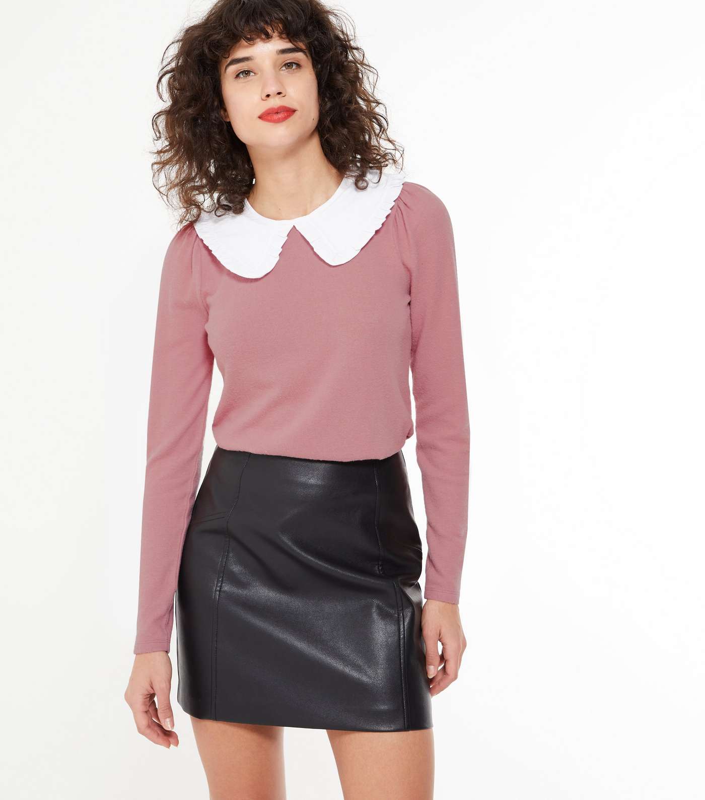 Mid Pink Fine Knit Frill Collar Top