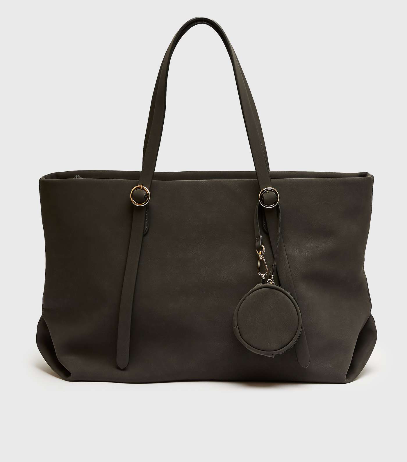 Dark Grey Leather-Look Rounded Pouch Tote Bag