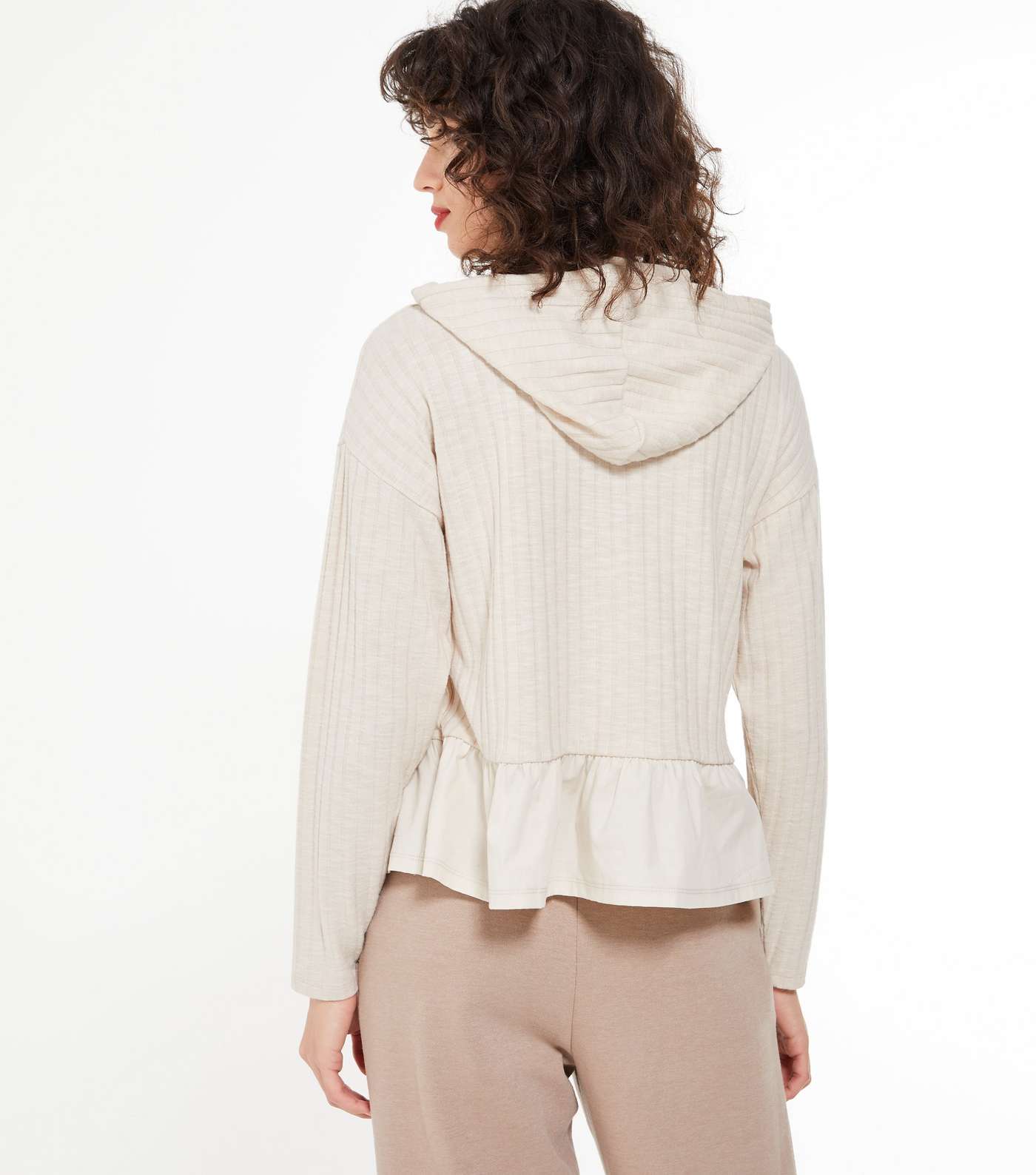 Cream Ribbed Knit Frill Trim Hoodie Image 3
