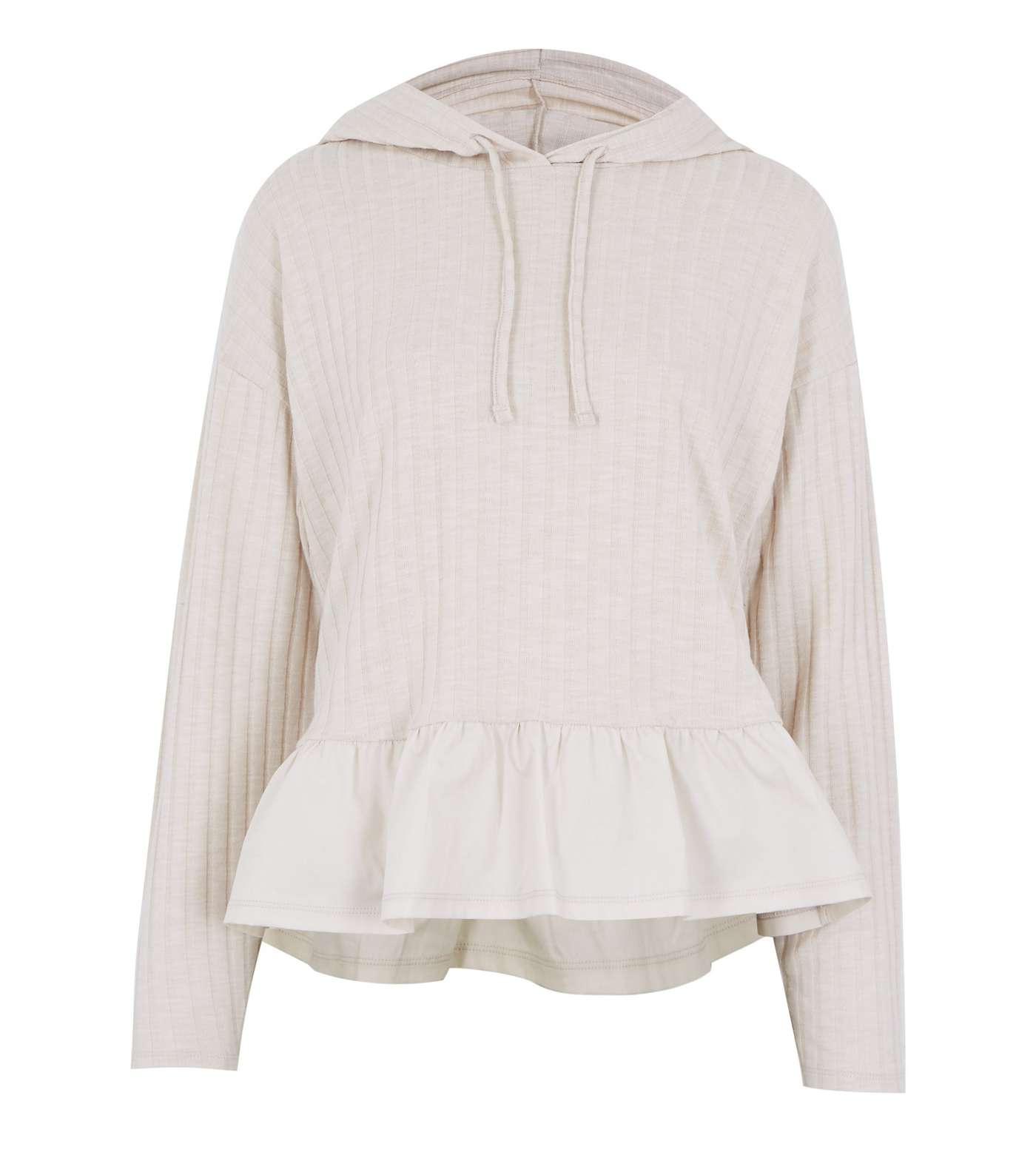 Cream Ribbed Knit Frill Trim Hoodie Image 5
