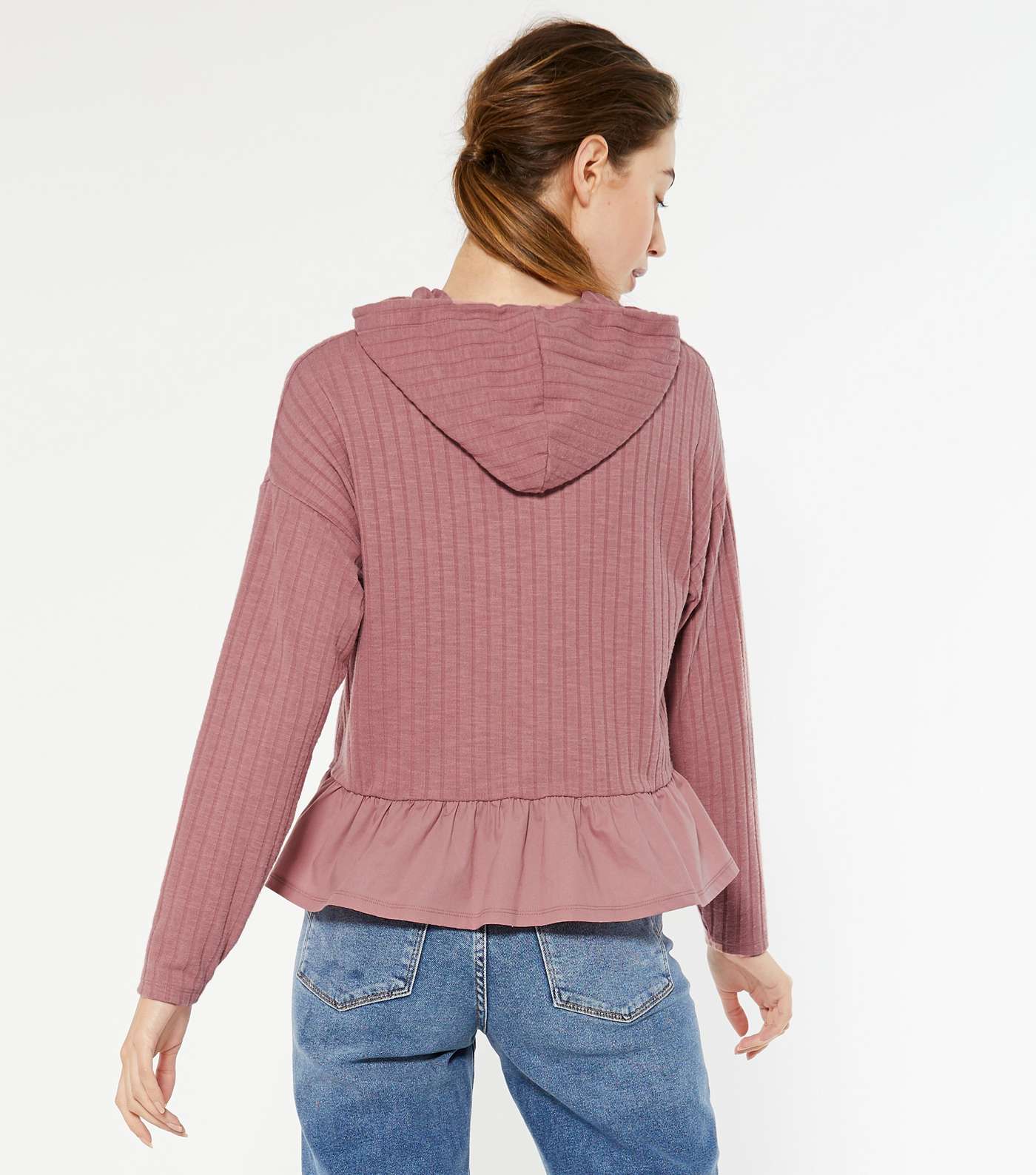 Mid Pink Ribbed Knit Frill Trim Hoodie Image 4