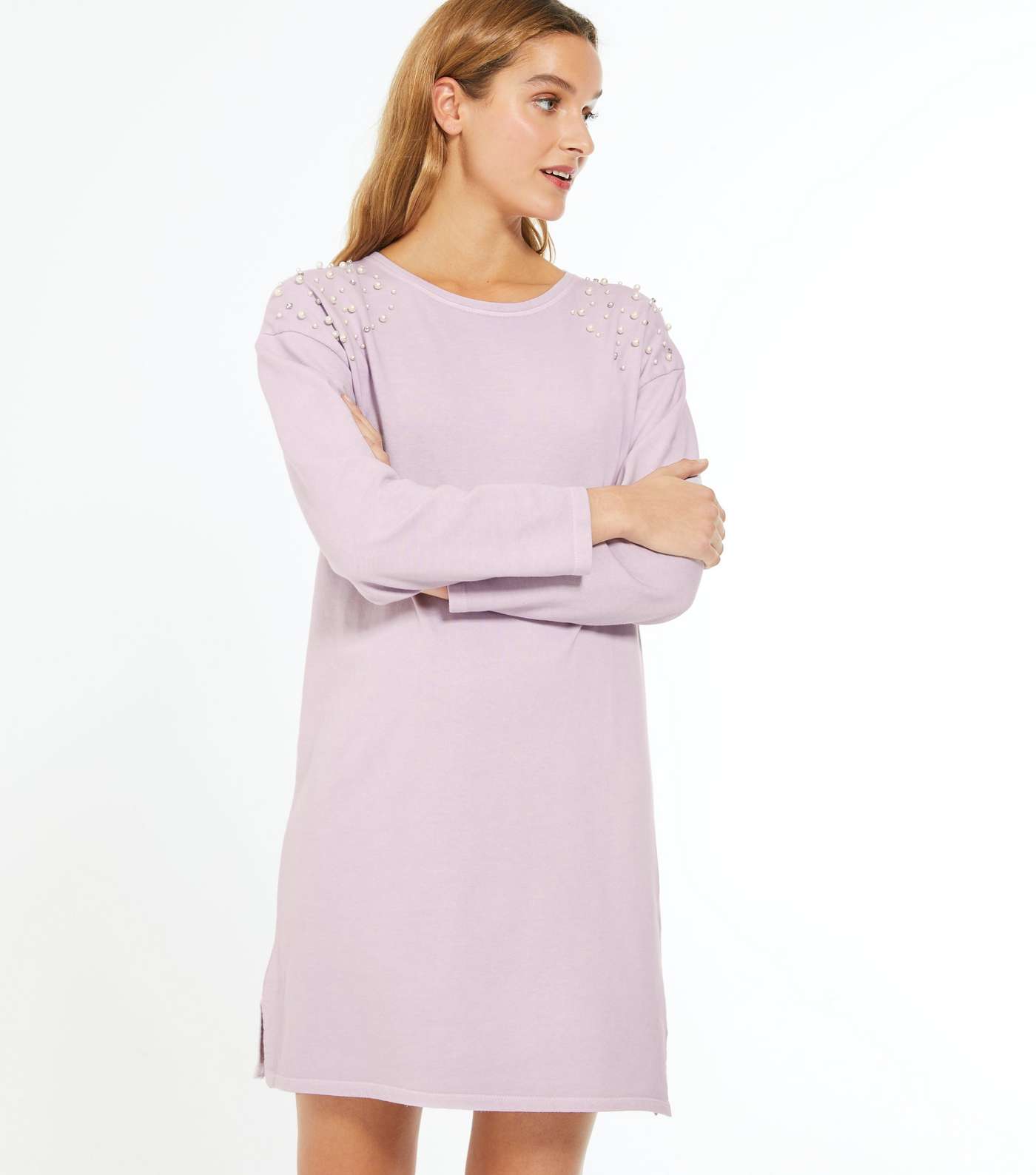 Lilac Faux Pearl Embellished Sweatshirt Dress  Image 2