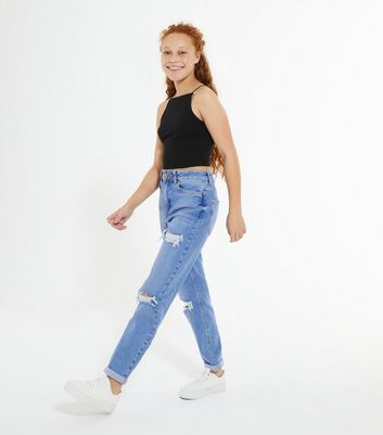 Girls Bright Blue Ripped Tori Mom Jeans New Look