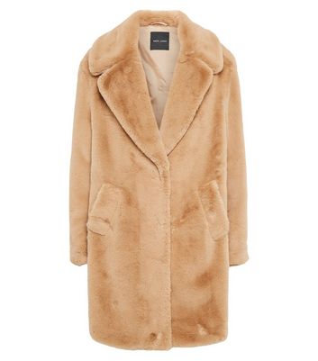 camel faux fur trim belted formal coat