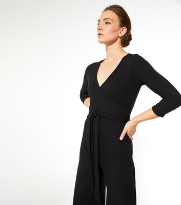 black wrap wide leg jumpsuit