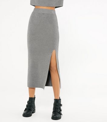 Pale Grey Knit Side Split Midi Skirt 