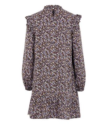 Image of Black Floral High Neck Frill Shoulder Smock Dress New Look