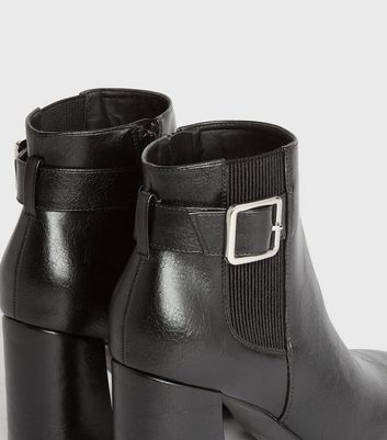 Image of Black Buckle Flared Block Heel Chelsea Boots New Look Vegan