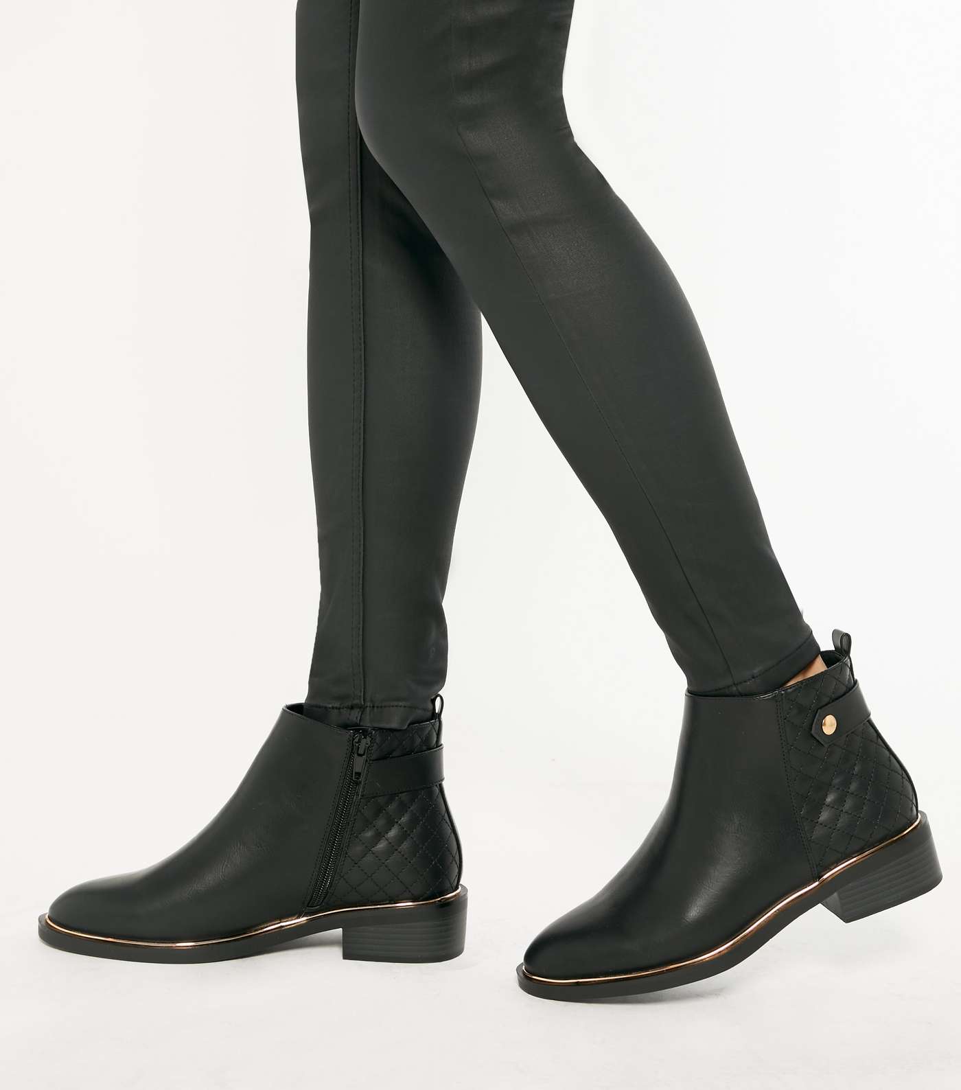 Wide Fit Black Quilted Metal Trim Ankle Boots