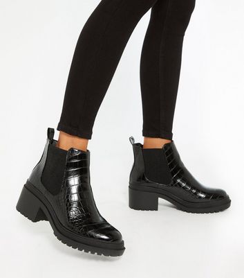 Wide Fit Black Faux Croc Heeled Chunky 