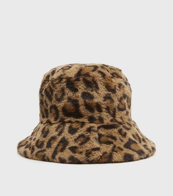 Brown Leopard Faux Fur Bucket Hat | New 