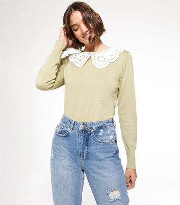 Light Green Broderie Collar Jumper New Look