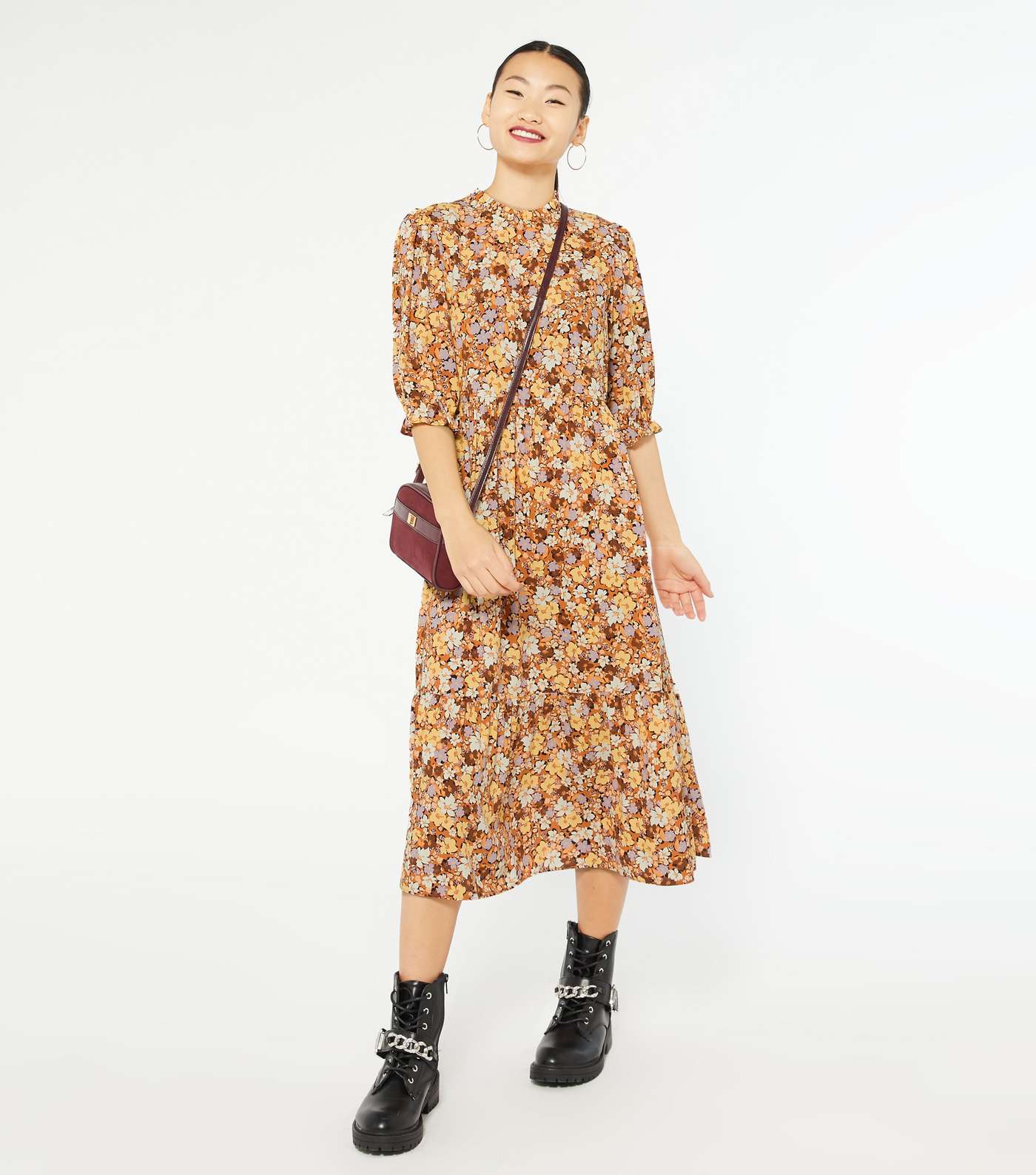 Petite Brown Floral High Neck Tiered Midi Dress