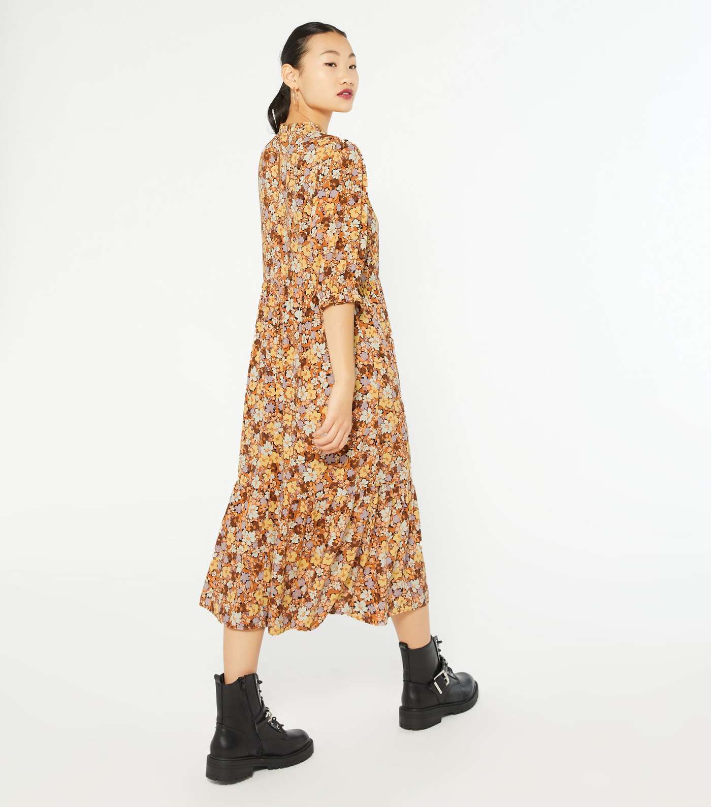 Petite Brown Floral High Neck Tiered Midi Dress Image 3