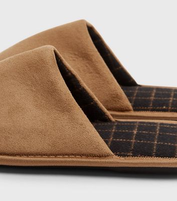Image of Tan Suedette Check Lined Mule Slippers New Look