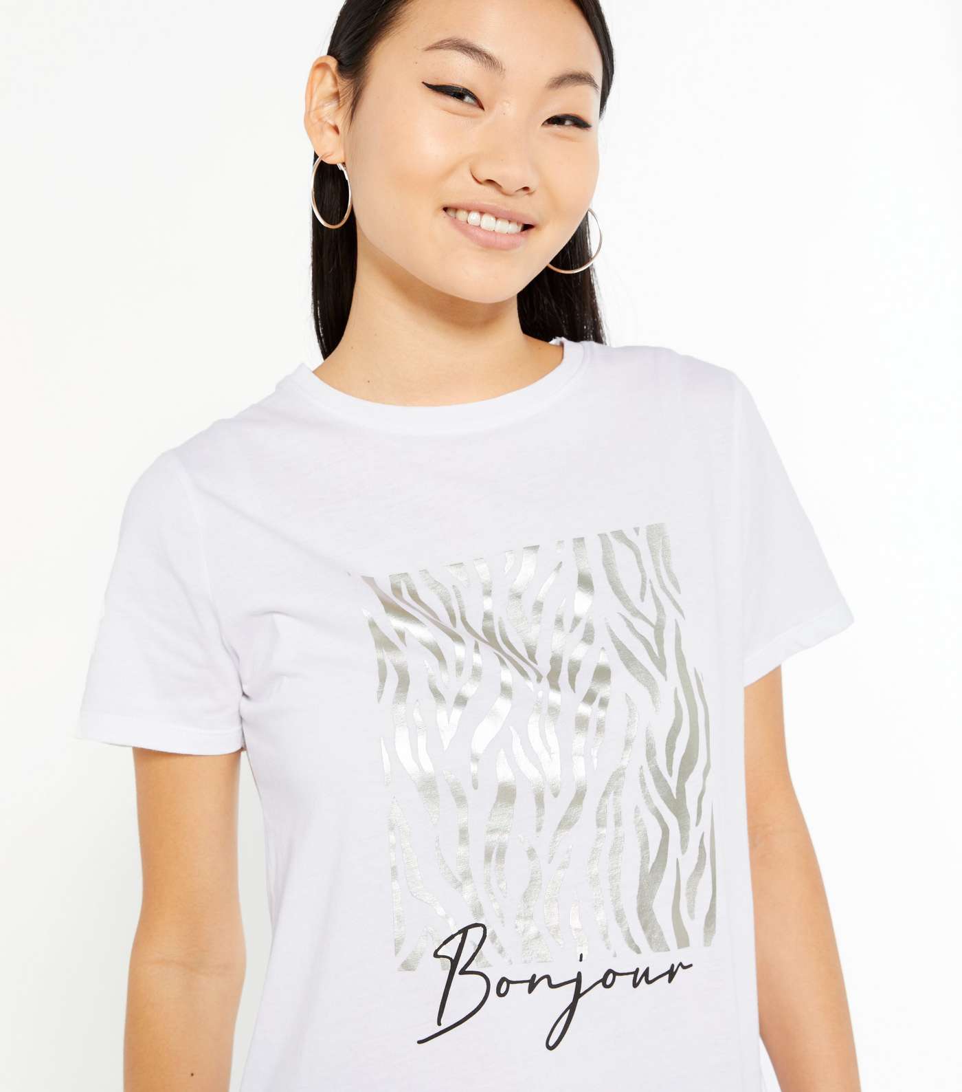 Petite White Bonjour Zebra Slogan T-Shirt Image 4