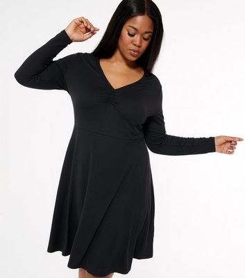 Curves Black Soft Touch Ruched Long Sleeve Dress | New Look