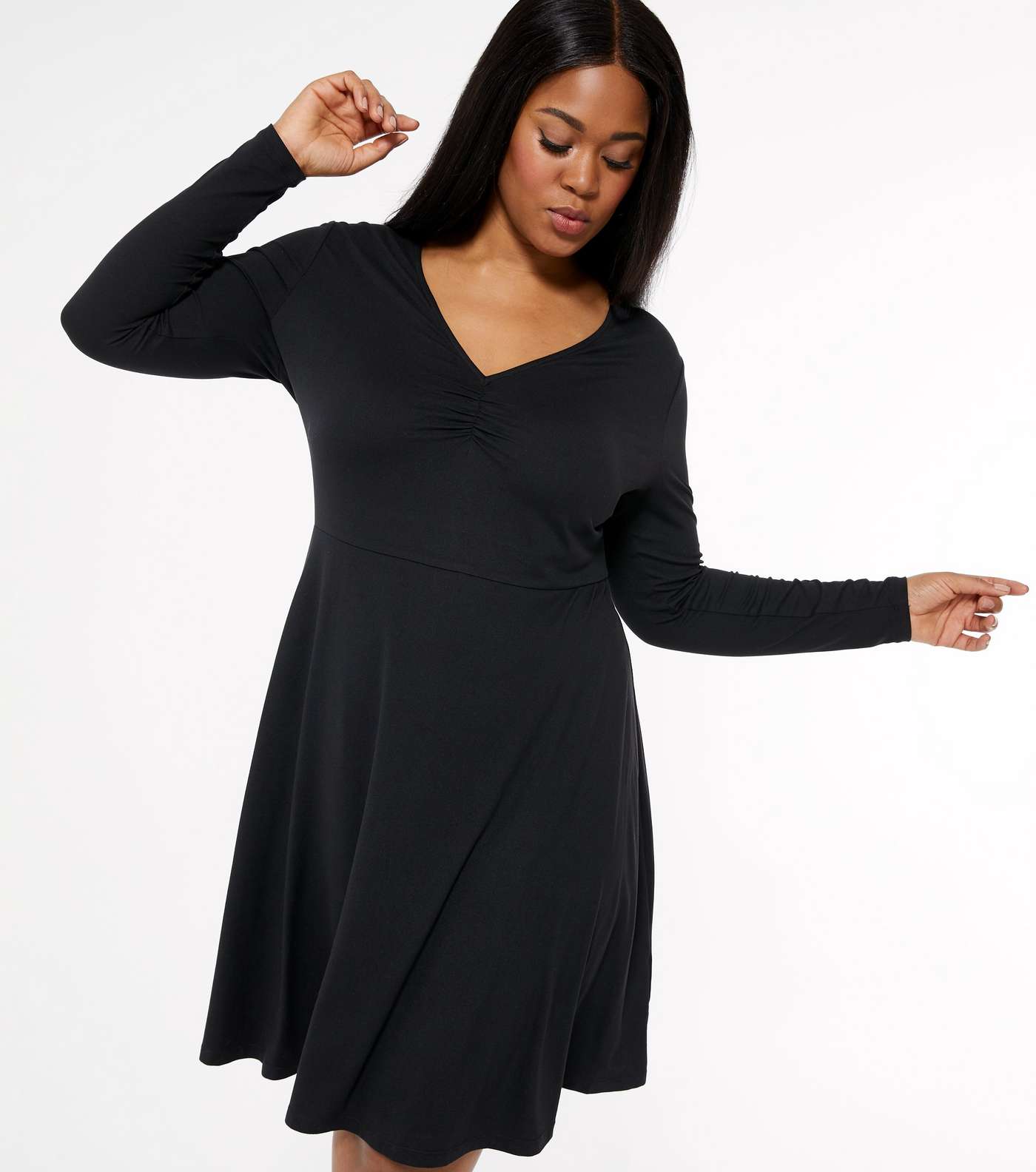 Curves Black Soft Touch Ruched Long Sleeve Dress