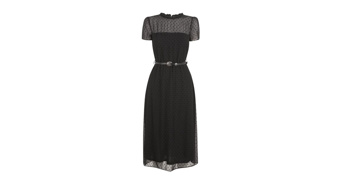 Black Chiffon Spot Belted Midi Dress | New Look
