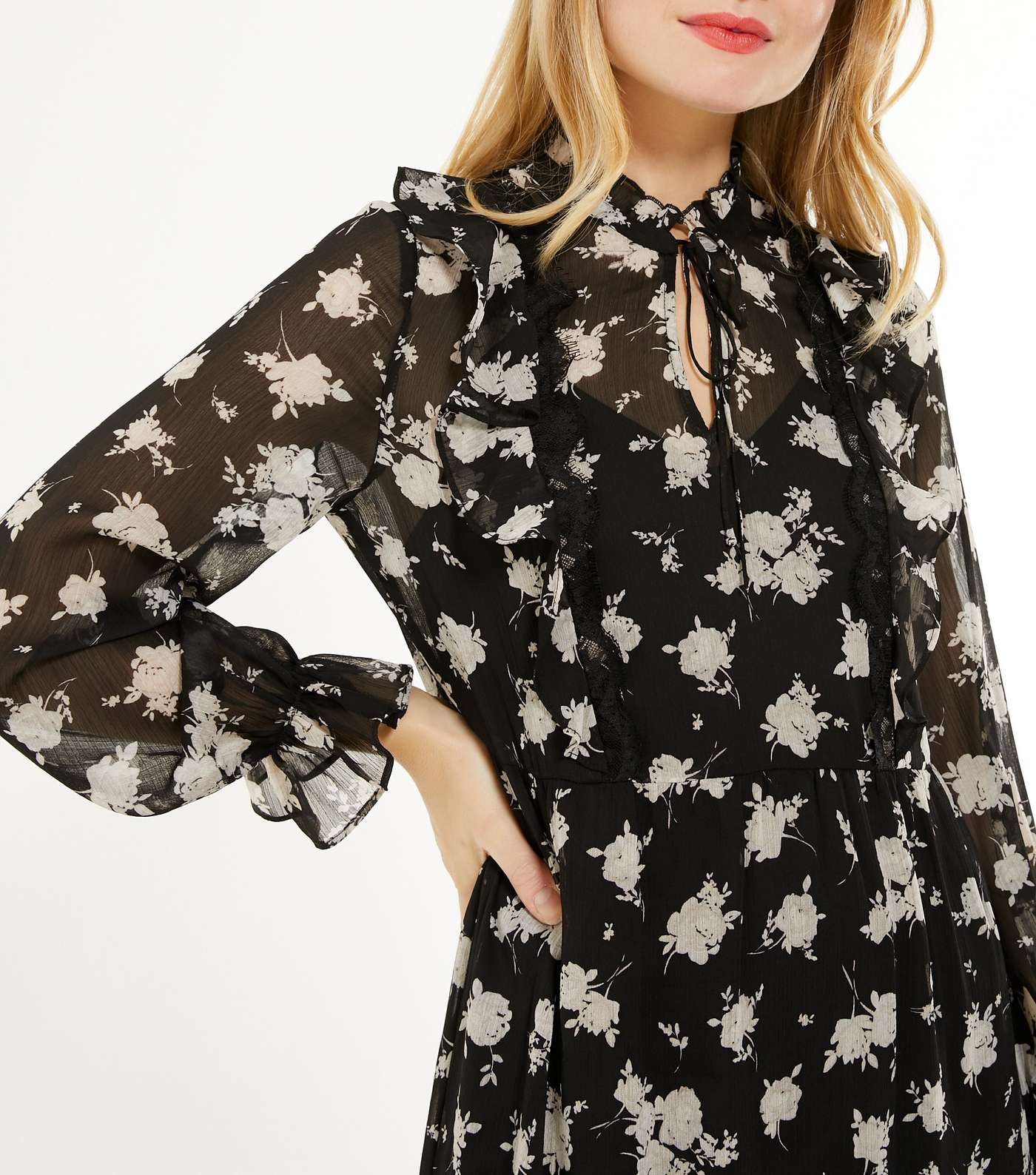 Black Floral Lace Chiffon Smock Midi Dress  Image 4