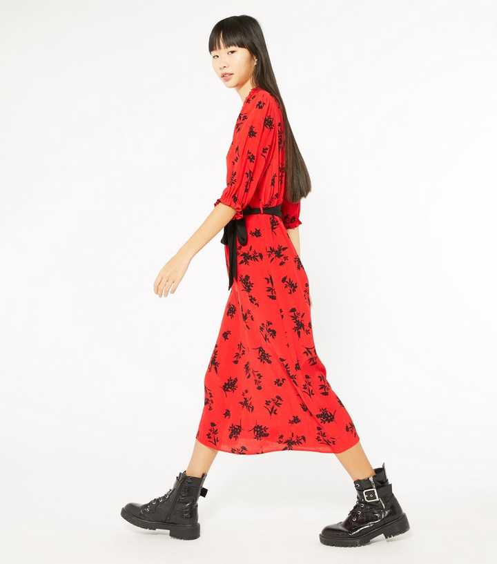 Red Floral Belted Midi Dress 